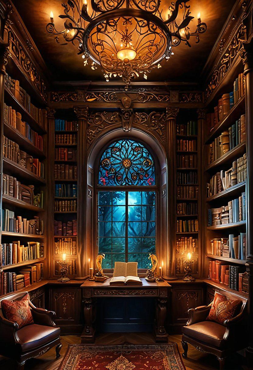 A mysterious, enchanted library filled with intricately detailed books and scrolls, each depicting vivid, fantasy-themed illustrations. The ambiance is softly lit, with glowing orbs hovering around, revealing hints of fantastical creatures and romantic scenes. A hidden alcove showcases a magical portal leading to a realm of dreams, urging curiosity and exploration. Enigmatic symbols float in the air for an enticing allure. vibrant colors. super-realistic. magical realism.