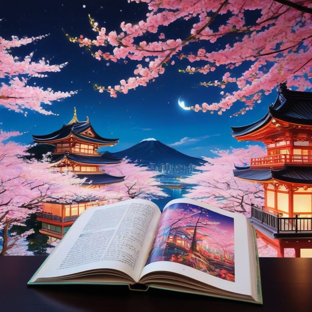 An imaginative illustration of an open manga book with vibrant, colorful art featuring characters from various hentai stories, surrounded by whimsical elements like cherry blossoms and abstract patterns. In the background, a nighttime cityscape with soft neon lights creates an enchanting atmosphere. Include subtle hints of classic Japanese culture, like lanterns or temples. super-realistic. vibrant colors. white background.